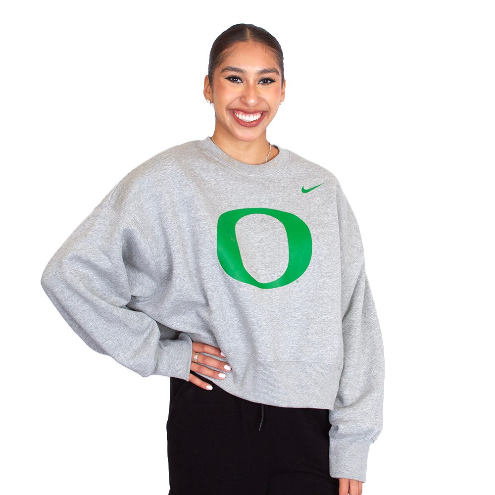 Women s Dark Grey Heather Nike Green O Logo Essential Crew